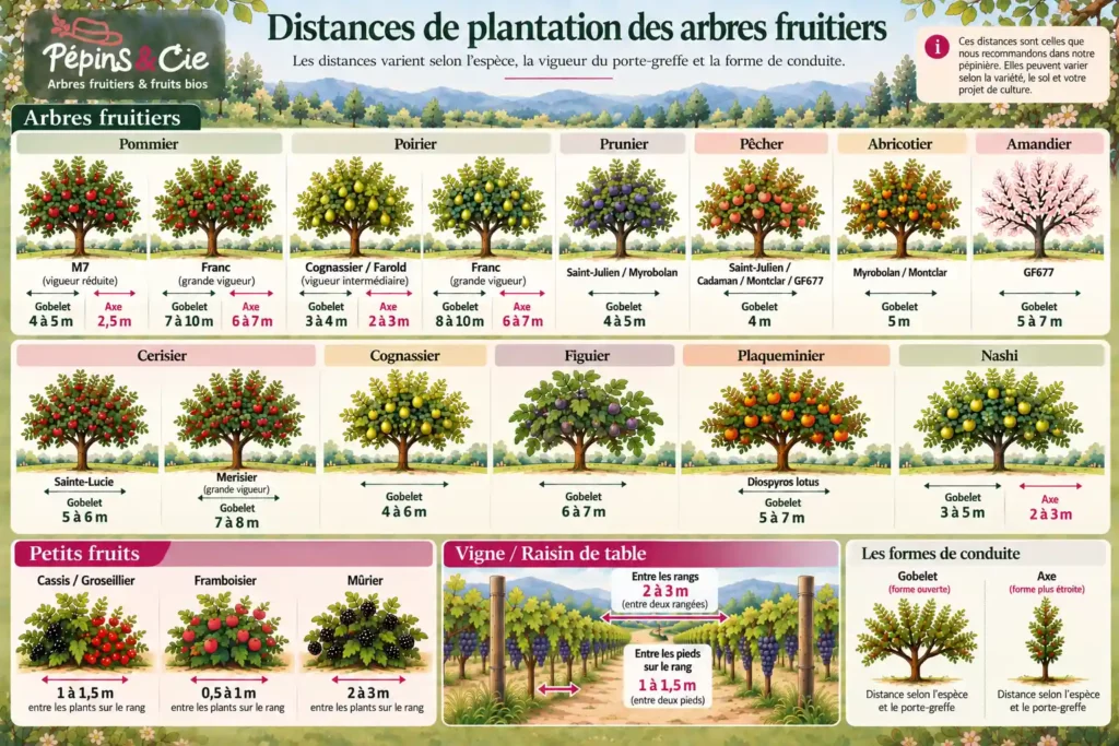 Infographie des distances de plantation des arbres fruitiers par esp&egrave;ce et porte-greffe : pommier, poirier, cerisier, vigne et petits fruits